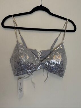 Women’s Sequin Glittery Silver Bralette Size Large Shimmery Straps Back Lace Up
